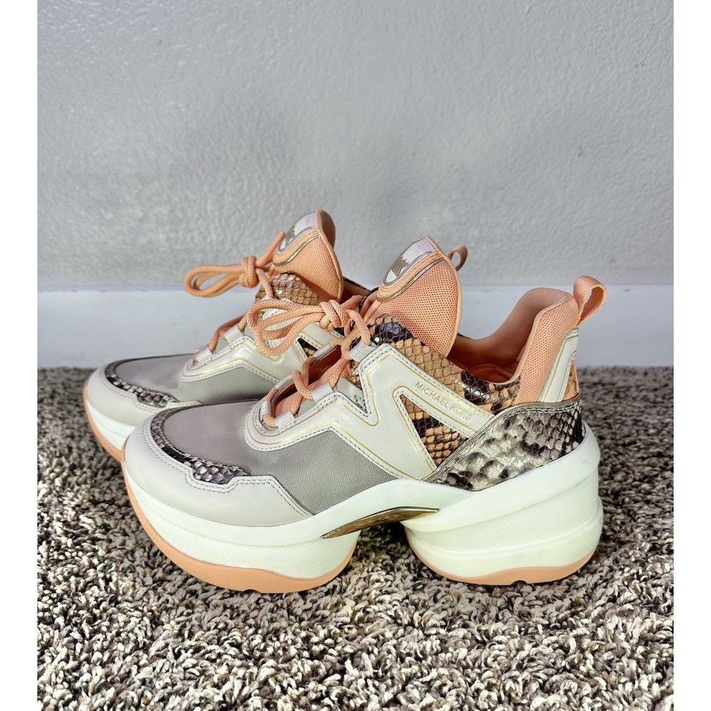 Michael Kors Olympia Women's Size 8 Mesh Trainers Platform Beige Orange Sneakers